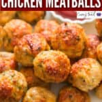 chicken meatballs baked and served with ketchup with text