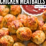 chicken meatballs baked and served with ketchup with text