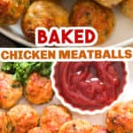 chicken meatballs baked and served with ketchup with text