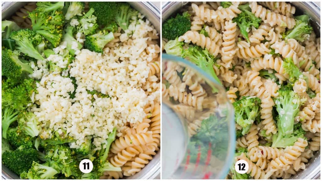 making pasta with broccoli and cheese.