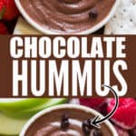smooth chocolate hummus served with fruits and crackers on wooden platter with text overlay