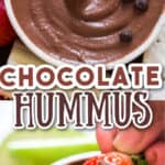 smooth chocolate hummus served with fruits and crackers on wooden platter with text overlay