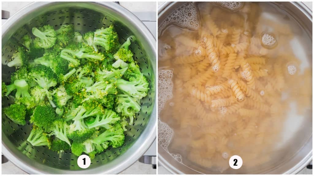 steaming broccoli and cooking pasta.