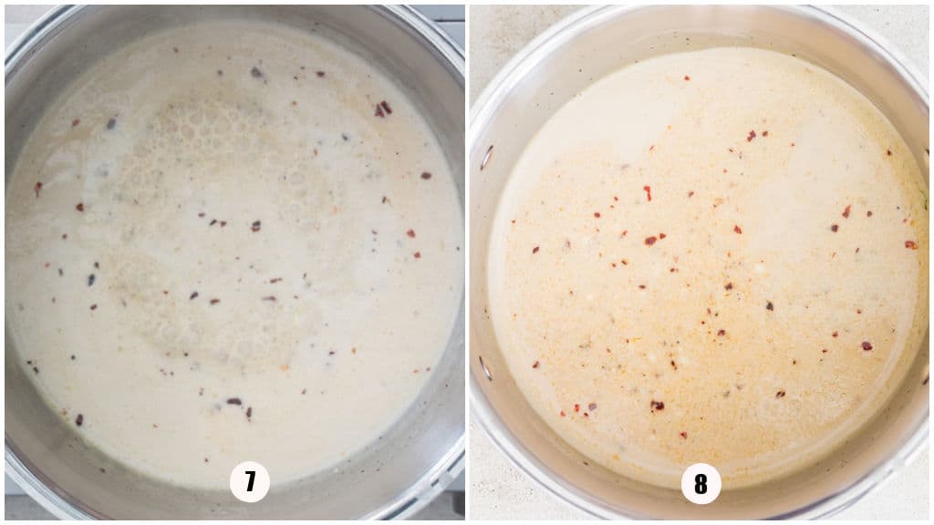 Picture collage of creamy white sauce in a pot.