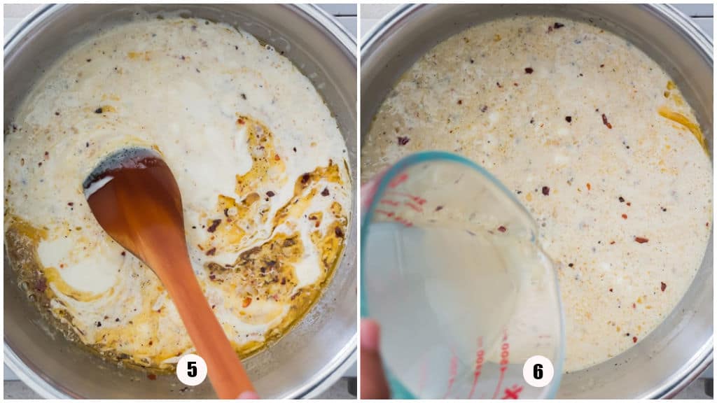 Picture collage of making creamy white sauce for broccoli pasta.