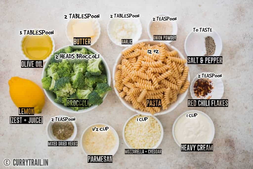 all ingredients to make broccoli pasta recipe