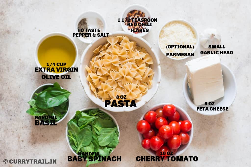 all ingredients for baked feta pasta