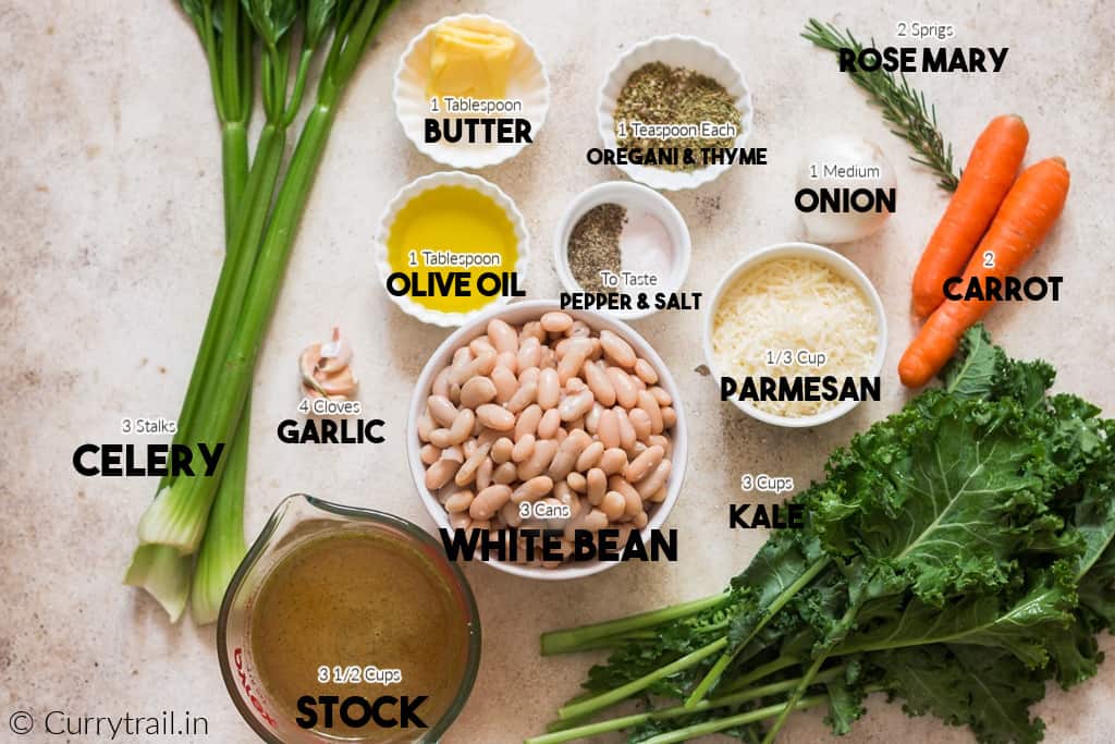 all ingredients for white bean soup on white board