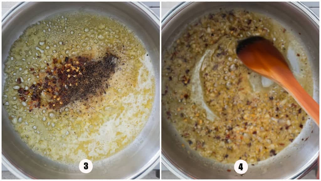 picture a collage of making creamy white sauce in a pot.