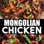close up view of Mongolian chicken in skillet with text