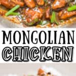 Mongolian chicken cooked in skillet served with rice with text