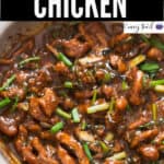saucy Mongolian chicken in skillet with text