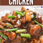 Mongolian chicken cooked in skillet served with rice with text