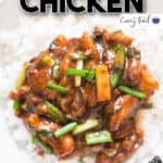 Mongolian chicken cooked in skillet served with rice with text