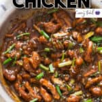 saucy Mongolian chicken in skillet with text