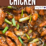 saucy Mongolian chicken in skillet with text