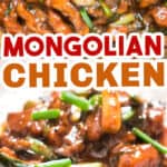 Mongolian chicken cooked in skillet served with rice with text