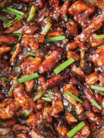 close up view of Mongolian chicken in skillet