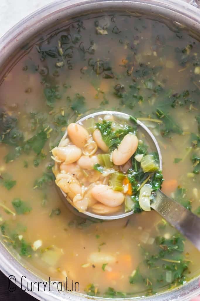 ladle soup made with white bean and kale