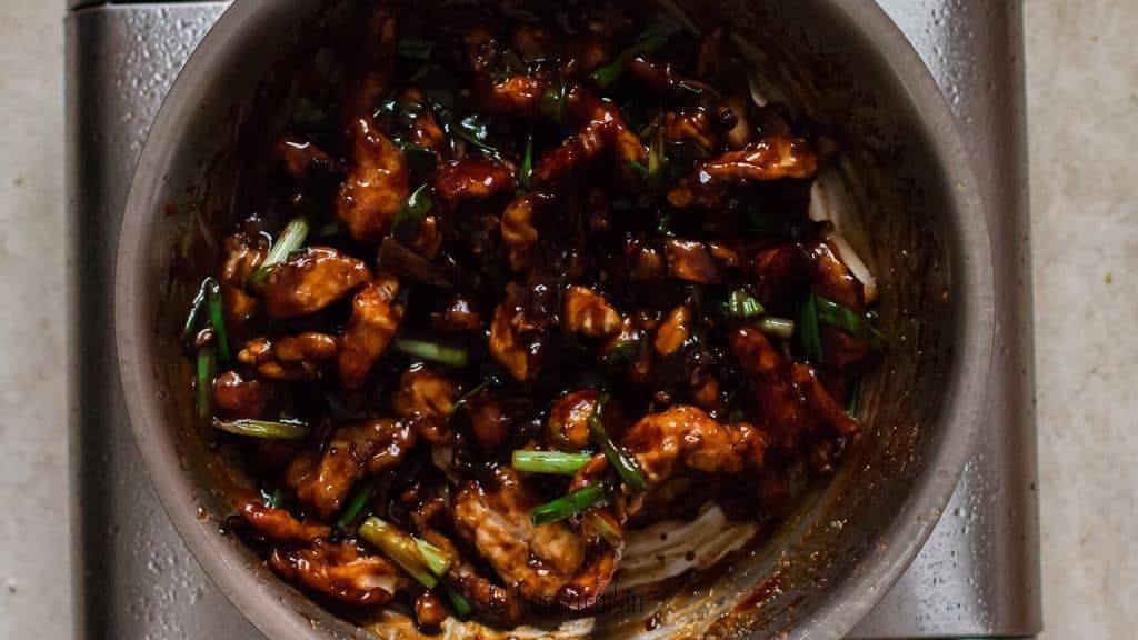 sweet savory Mongolian chicken in skillet