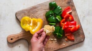 dicing bell peppers to make hot pepper jelly