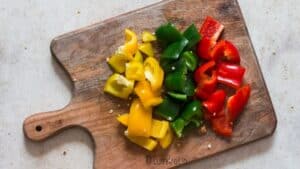 dicing bell peppers to make hot pepper jelly