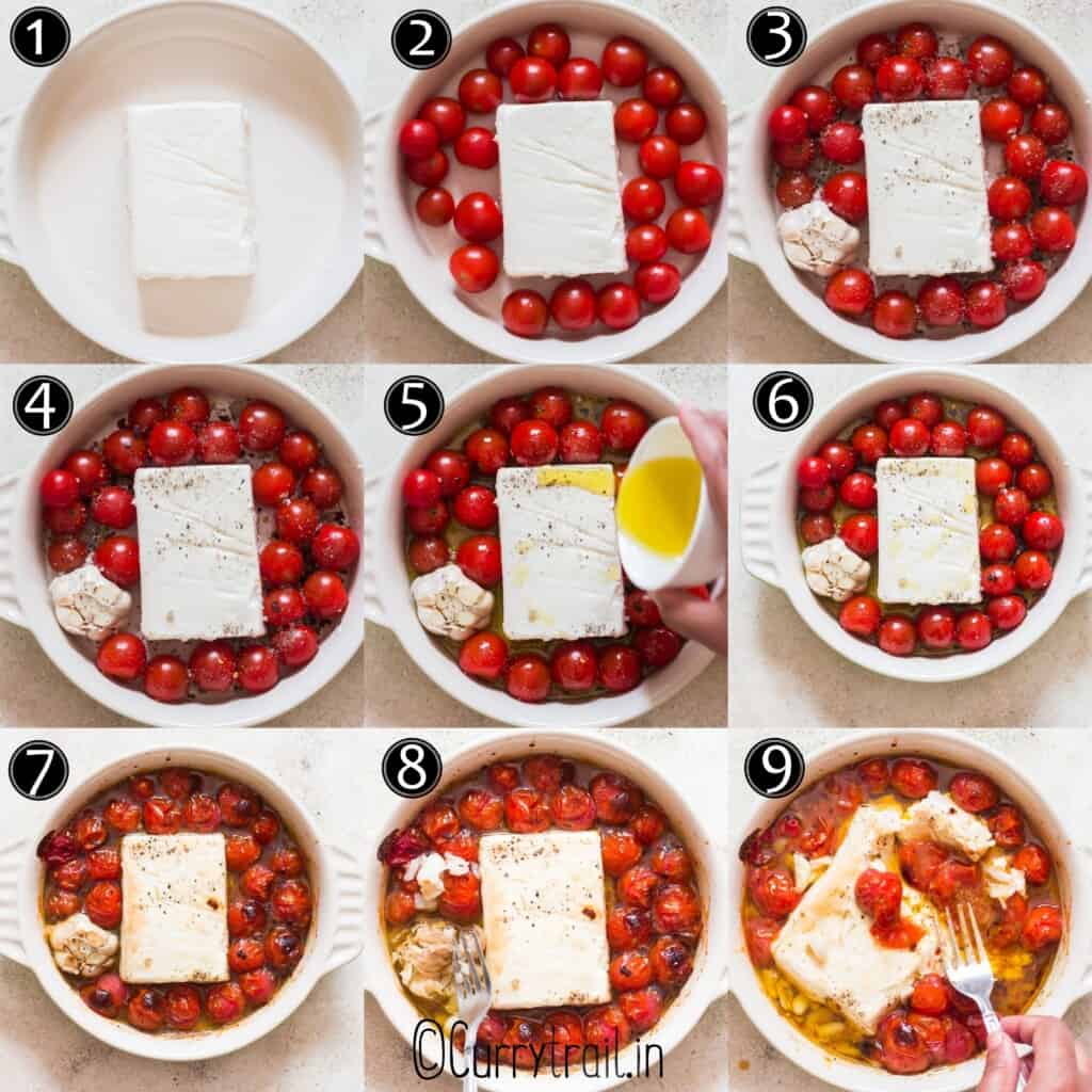 step by step picture collage of baked feta pasta