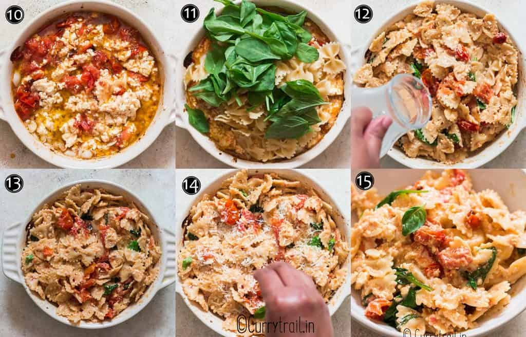 step by step picture collage of baked feta pasta