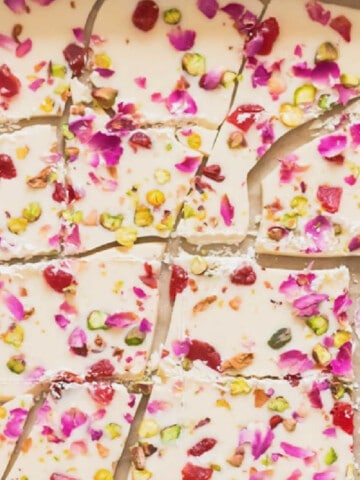 white chocolate bark with rose petals and pistachios