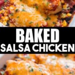 salsa chicken baked in casserole with text overlay