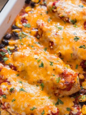 close up baked salsa chicken recipe