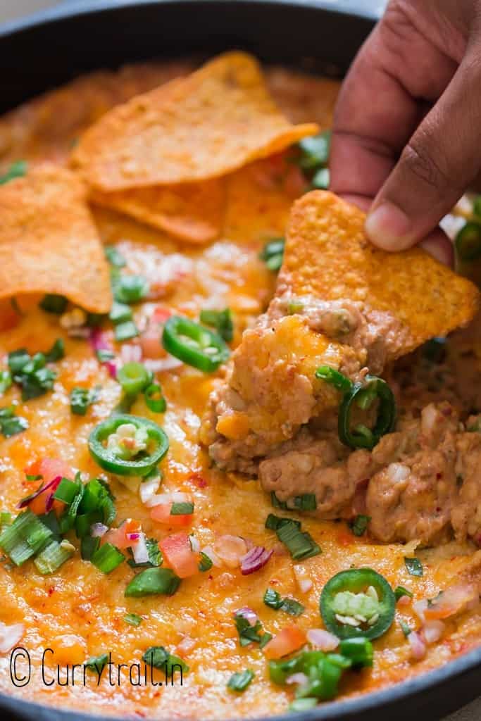 close up of bean dip made using canned refried beans