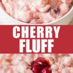 easy cherry dessert salad in ceramic bowl with text overlay