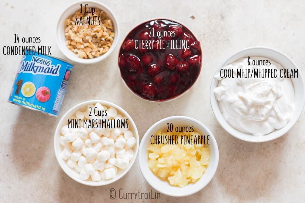 all ingredients for cherry fluff dessert salad