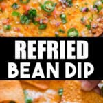 refried bean dip cooked in cast iron skillet with text overlay