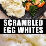 egg white scramble on plate with spinach, tomatoes and avocado with text