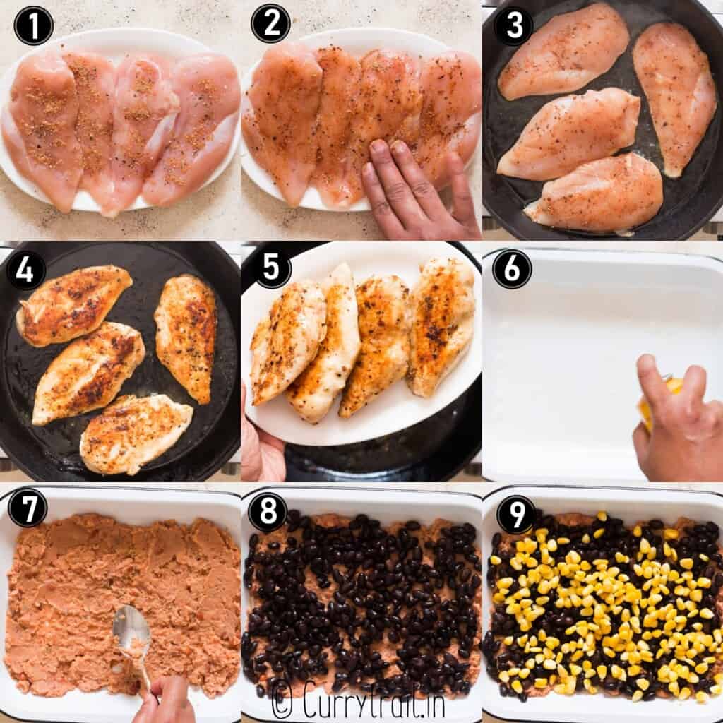 step by step picture collage of baked salsa chicken recipe