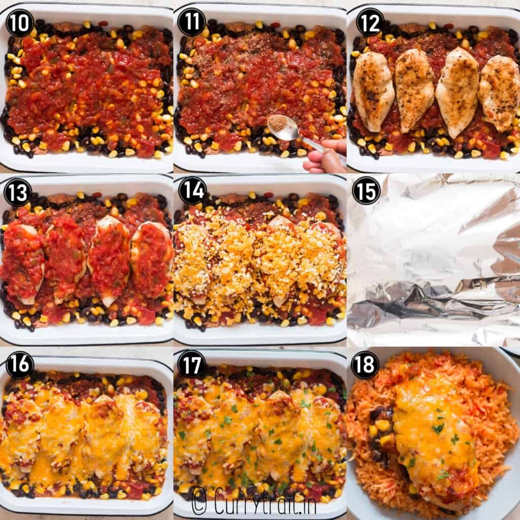 step by step picture collage of baked salsa chicken recipe
