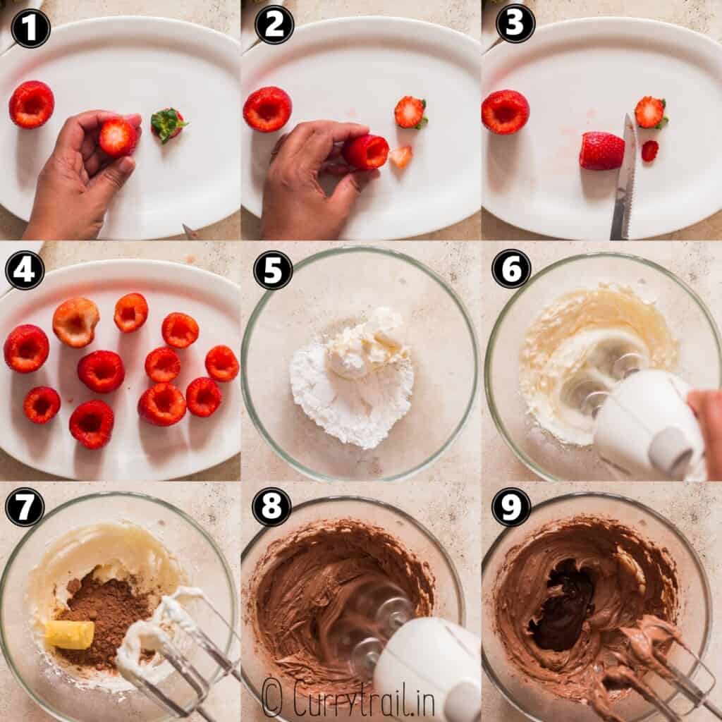 step by step picture collage of how to make cheesecake stuffed strawberries