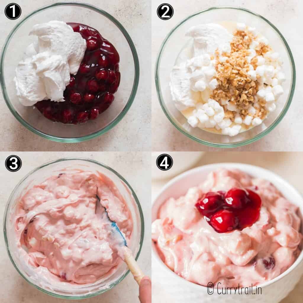 step by step picture collage of cherry fluff dessert salad