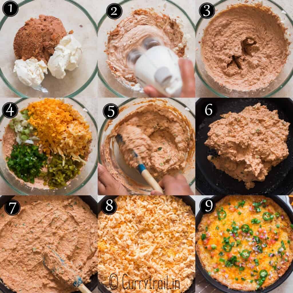 step by step picture collage of refried bean dip