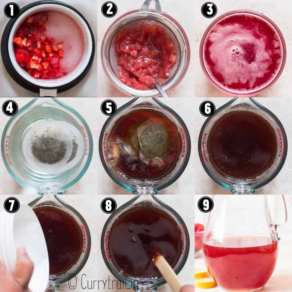 step by step picture collage of strawberry iced tea