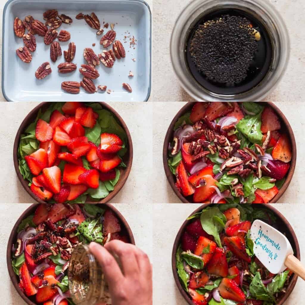 step by step picture collage of strawberry spinach salad