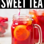 strawberry sweet tea served in mason jars with text