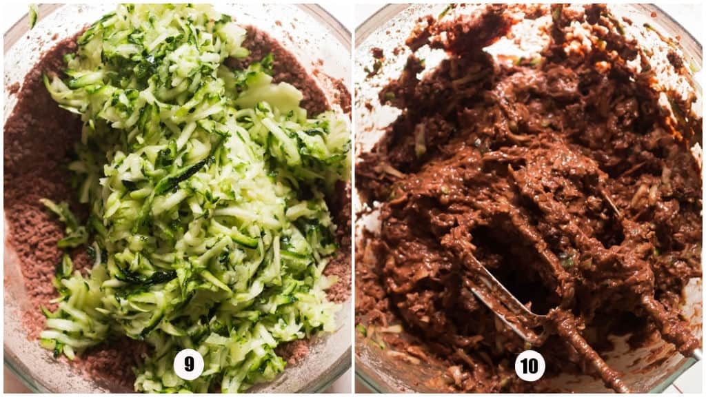 grated zucchini added to brownie batter in a bowl.