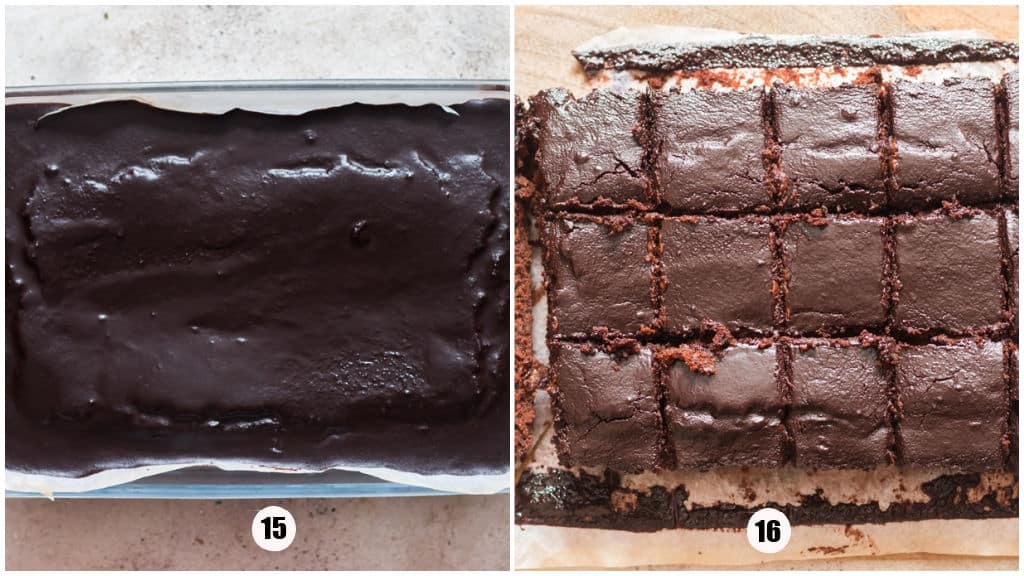 picture collage of baked zucchini brownies in a baking tray.