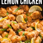 Chinese lemon chicken in wok with text overlay