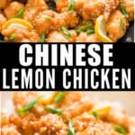Chinese lemon chicken in wok with text overlay