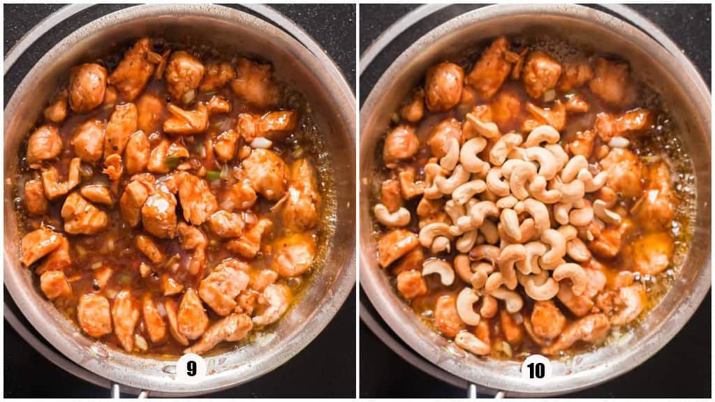 collage of cooking cashew chicken in a skillet.