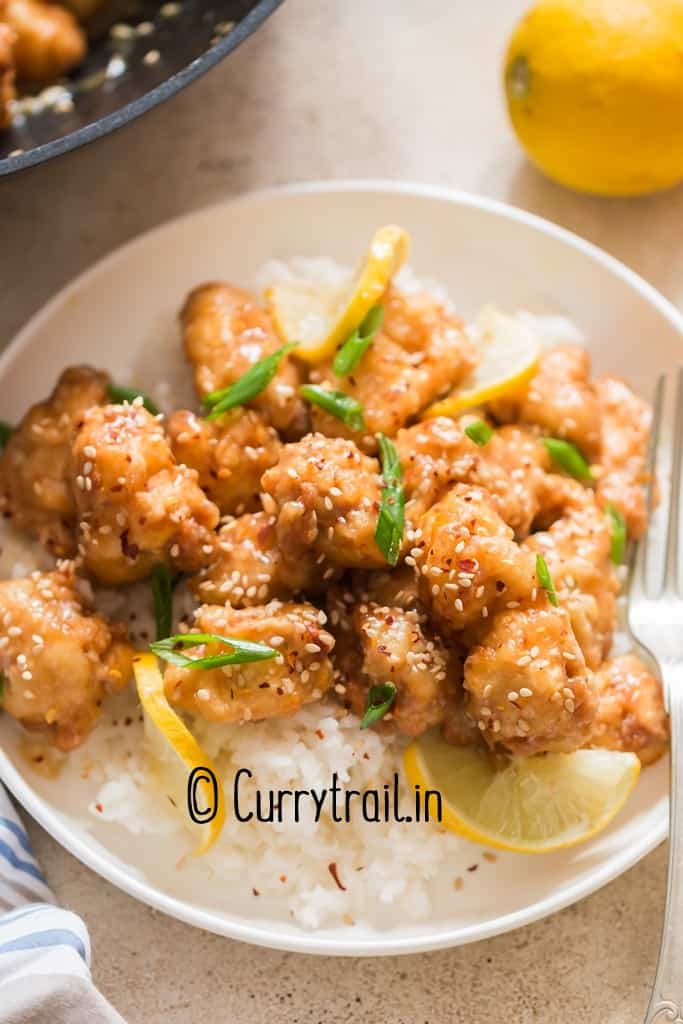 Chinese lemon chicken served with rice